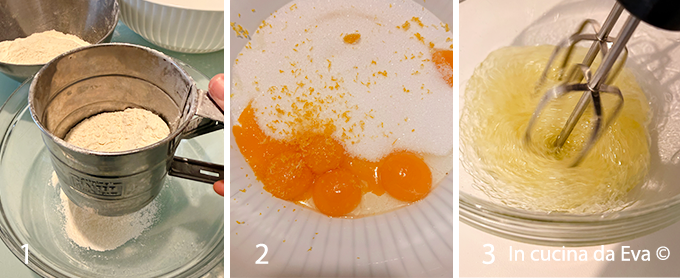 Farina setacciata, tuorli con zucchero ed albume da montare