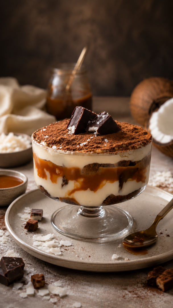 Tiramisu al cocco con caramello salato | dolce freddo|Inventaricette