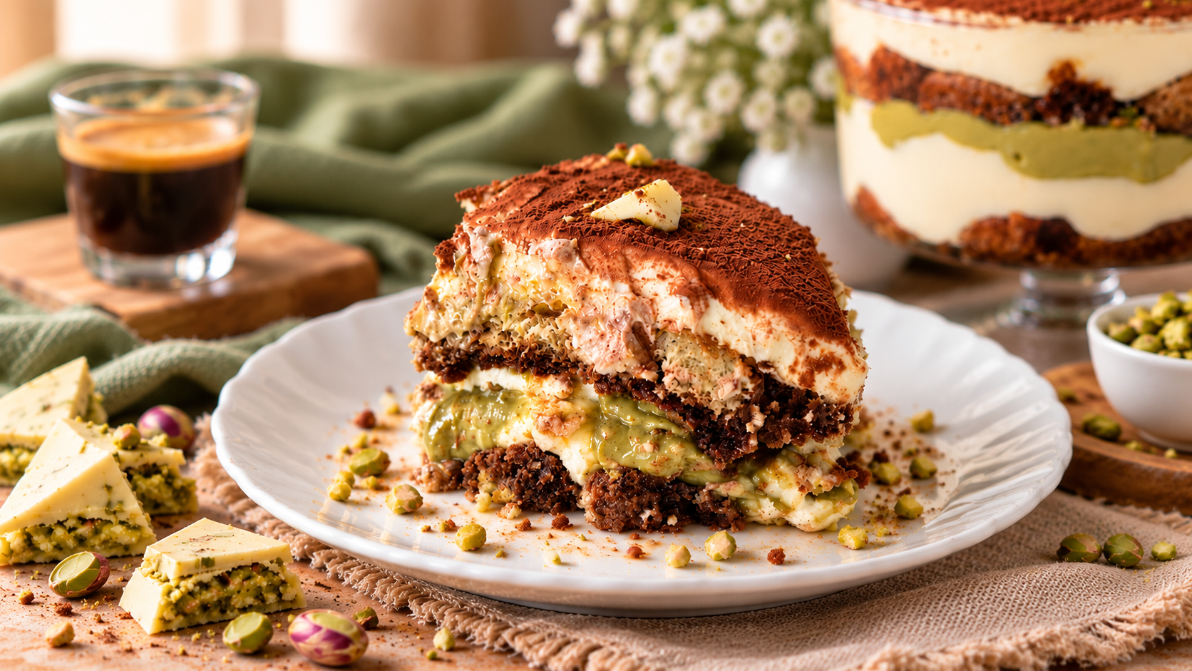 Tiramisu con crema di pistacchio e cioccolato bianco kataifi