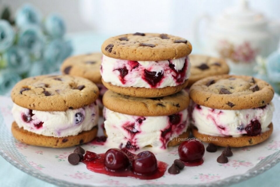 cookie ice cream sandwich alla vaniglia e amarene fatti in casa senza gelatiera ricetta i pasticcini di Nina