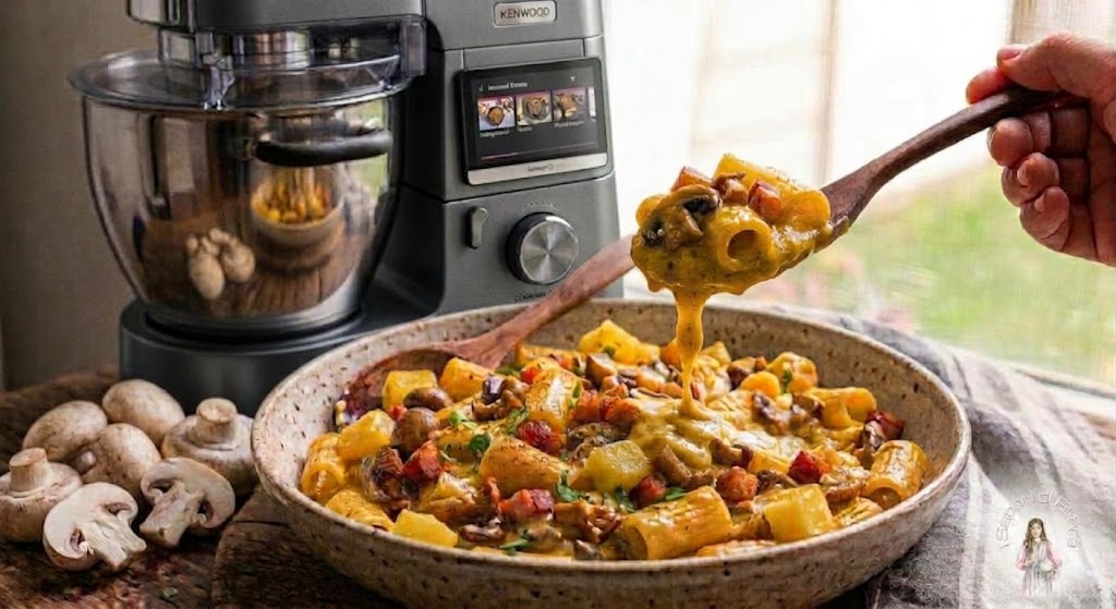 Pasta con crema di patate funghi e pancetta