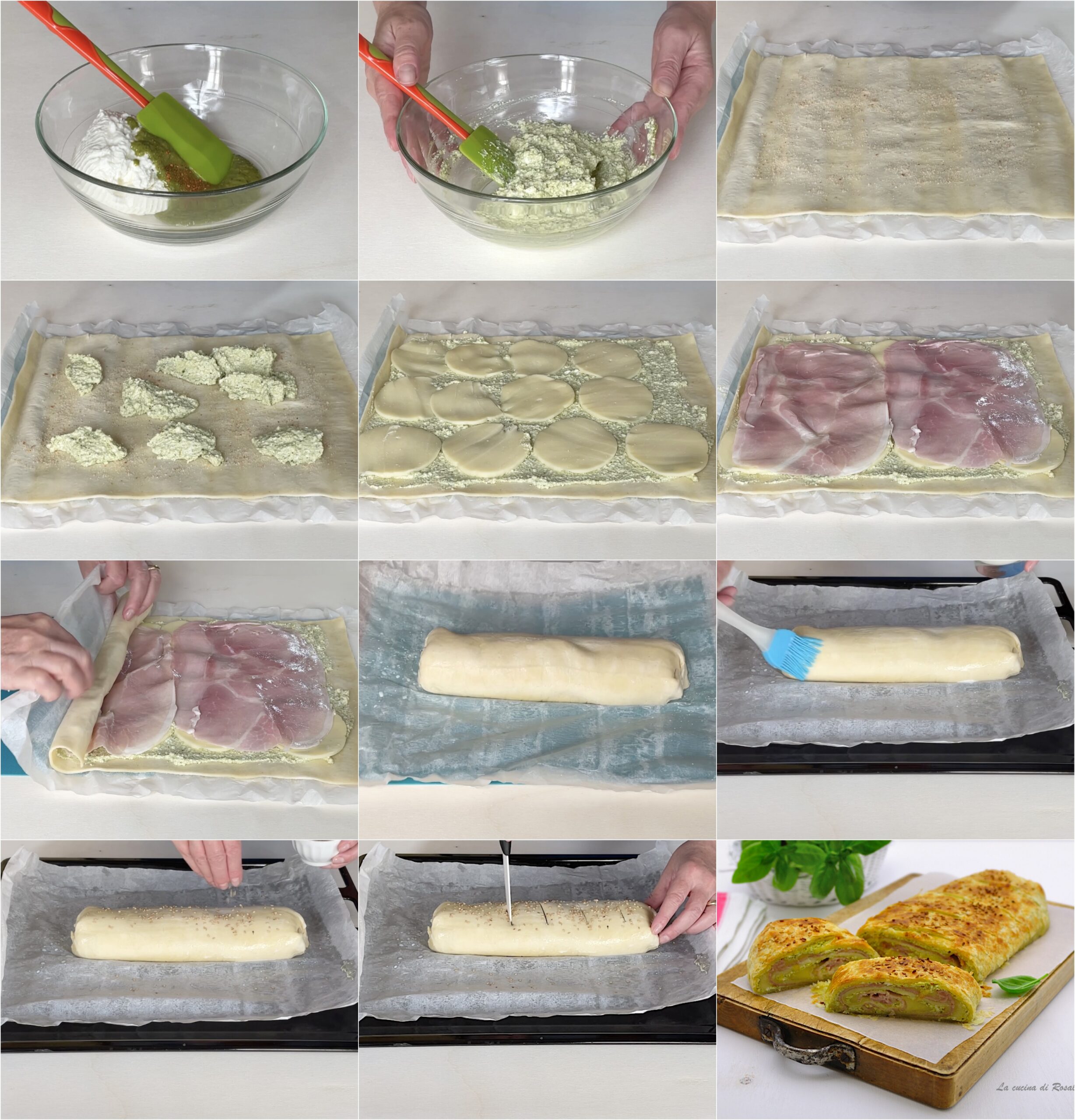 come fare il rotolo di sfoglia con ricotta, pesto e prosciutto