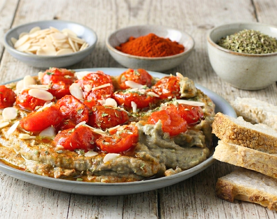 Crema di melanzane con pomodorini caramellati