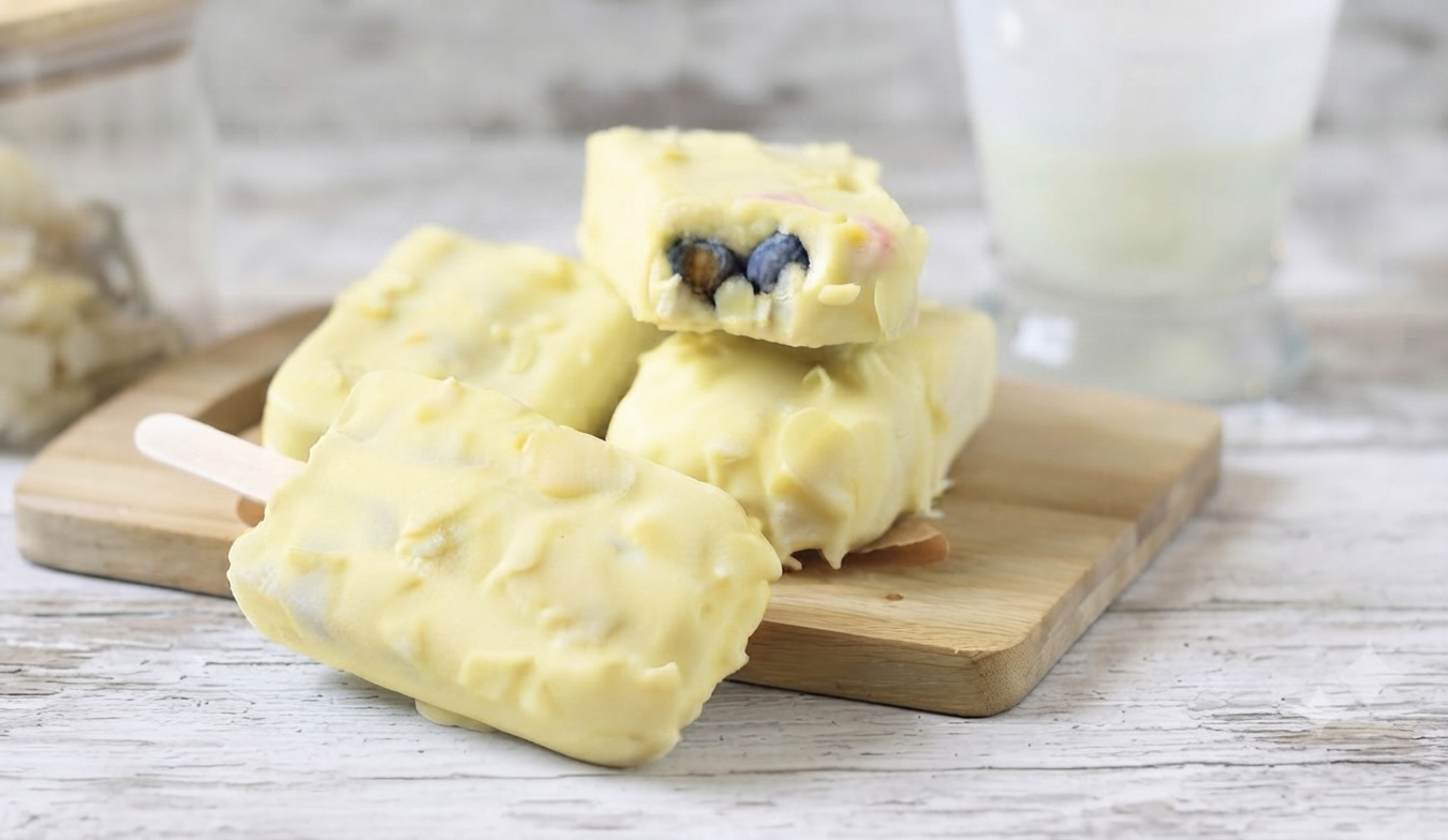 Stecchi gelato fatti in casa con mirtilli e cioccolato bianco