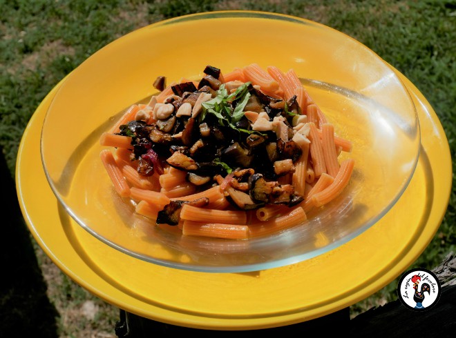 Pasta di ceci con sugo di melanzane e mandorle salate