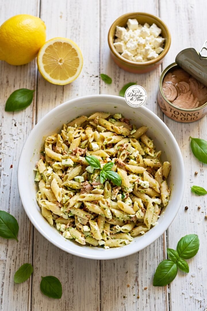 pasta fredda con tonno, basilico, limone e feta
