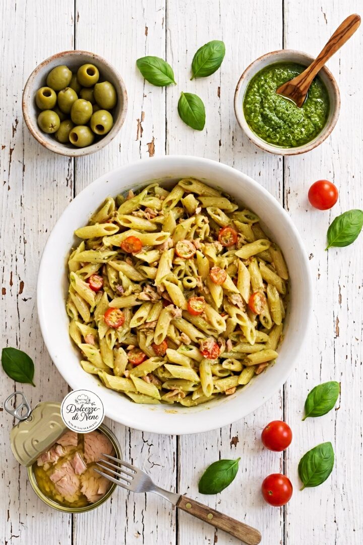 pasta fredda al pesto con tonno e pomodorini
