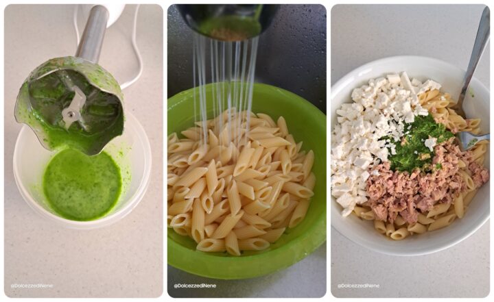 pasta fredda con tonno, basilico, limone e feta