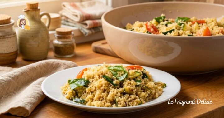 Piatto di cous cous estivo con zucchine grigliate, pomodorini e foglie di basilico, pronto da servire