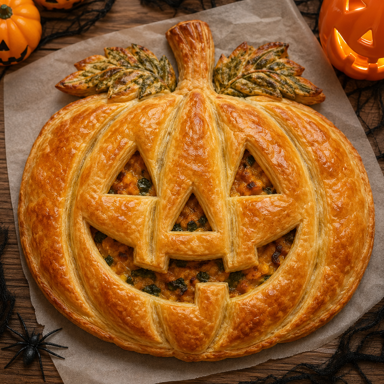 Torta salata in pasta sfoglia a forma di zucca Halloween