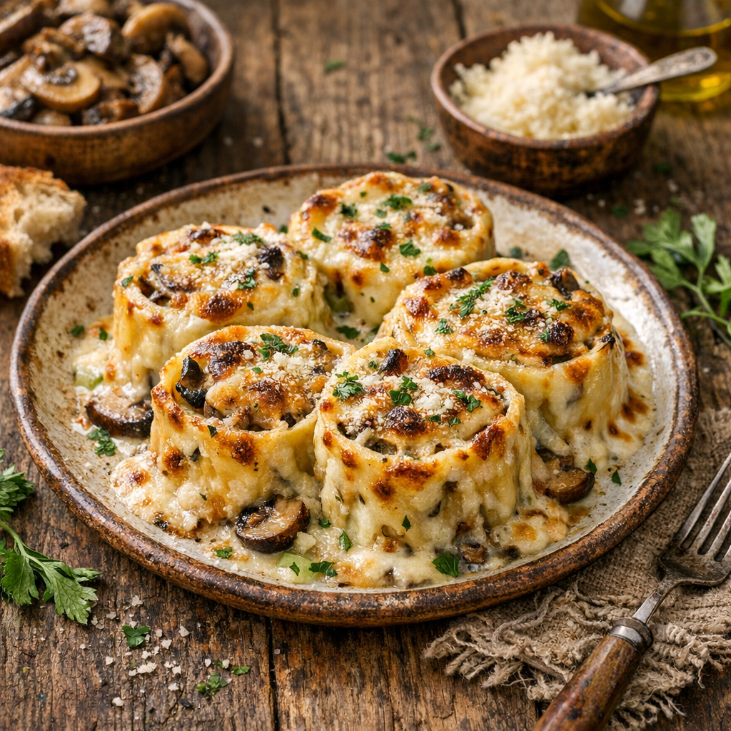 Girelle di lasagne con funghi e besciamella