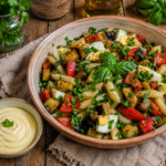Insalata di pasta con pomodori freschi e melanzane fritte