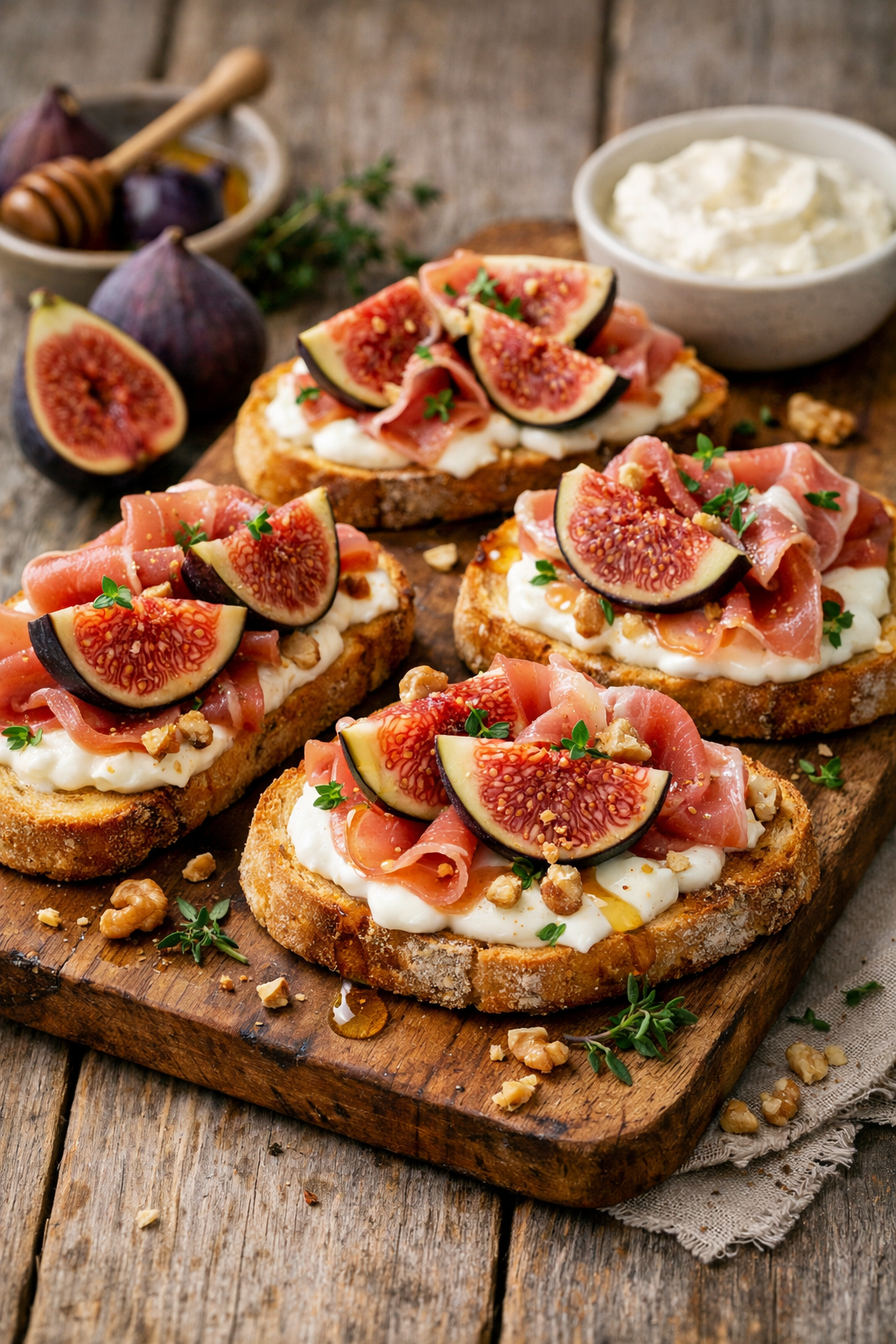 Bruschette con fichi, prosciutto crudo e squacquerone 