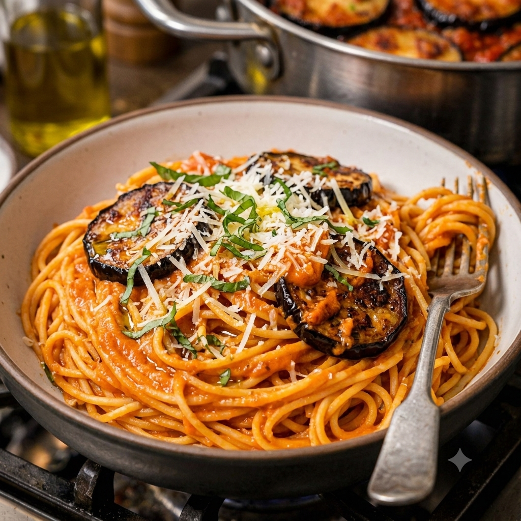 Spaghetti con crema di pomodoro e melanzane