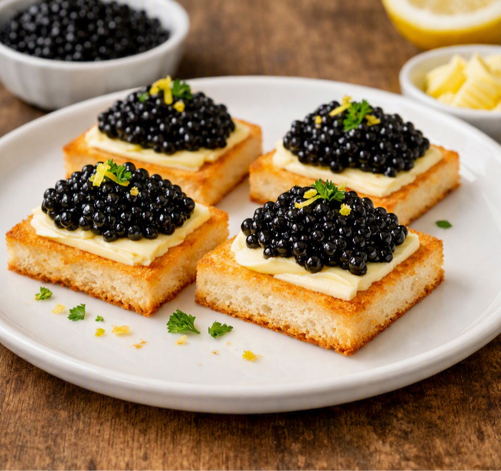 Canapè con pancarré, burro e caviale