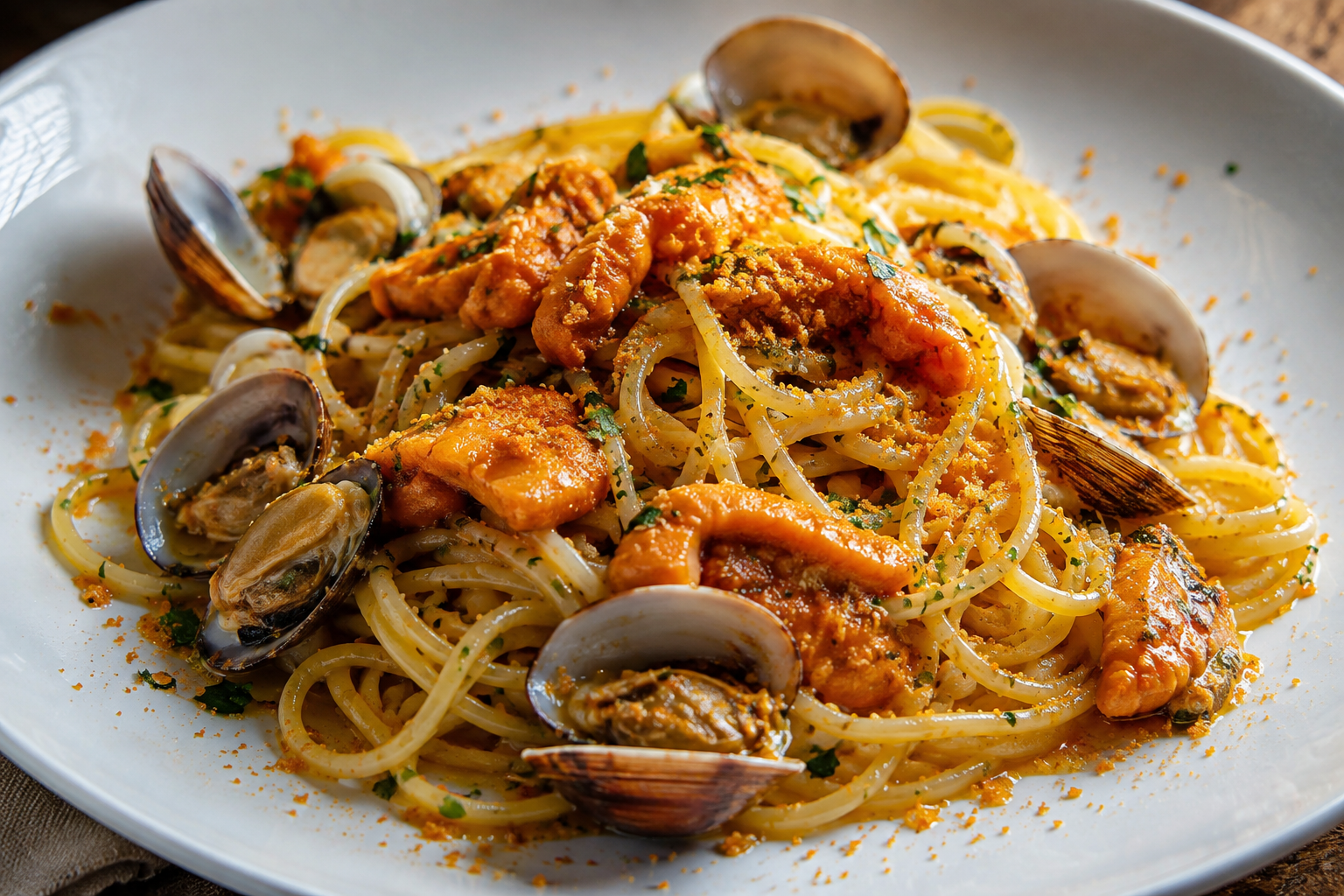 Spaghetti con vongole, bottarga e ricci di mare