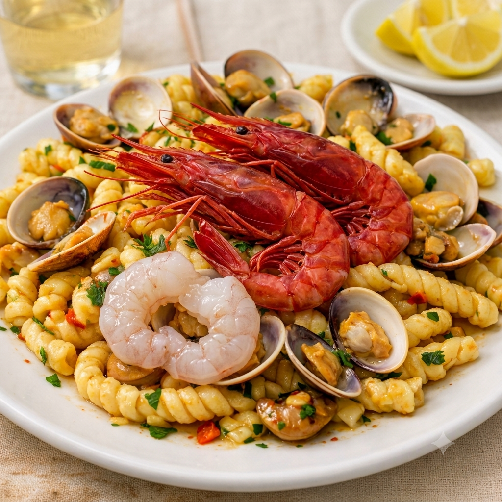 Busiate con vongole e gambero rosso di Mazara
