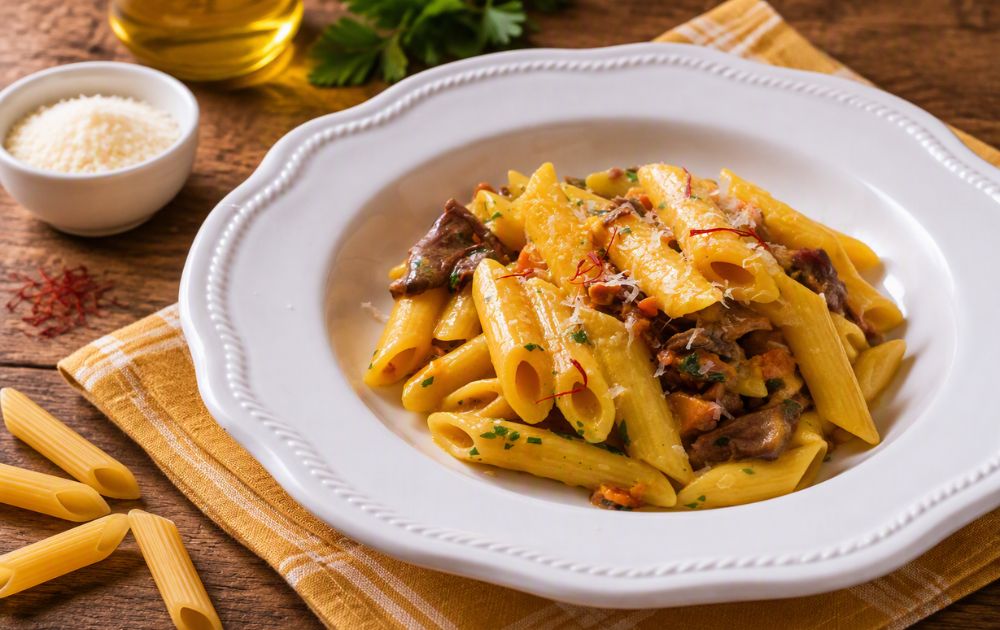 penne allo zafferano e pancetta