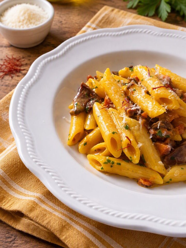 penne allo zafferano e pancetta
