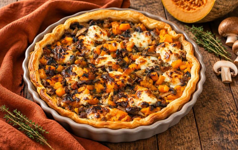 Torta salata con zucca salsiccia e funghi