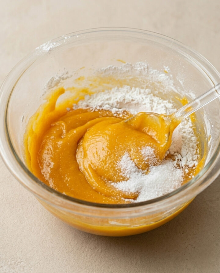Mescoliamo farina di riso, purea di mango e zucchero