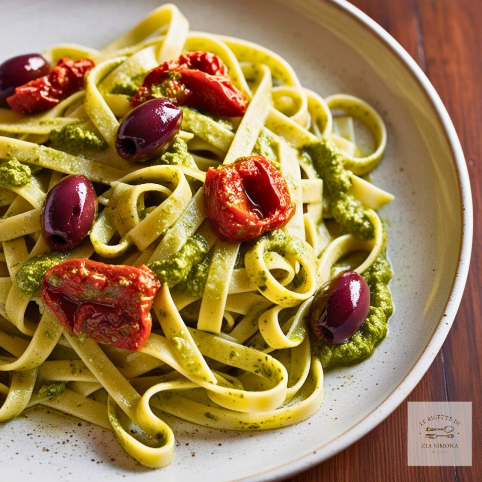 Tagliatelle pesto, pomodori secchi e olive