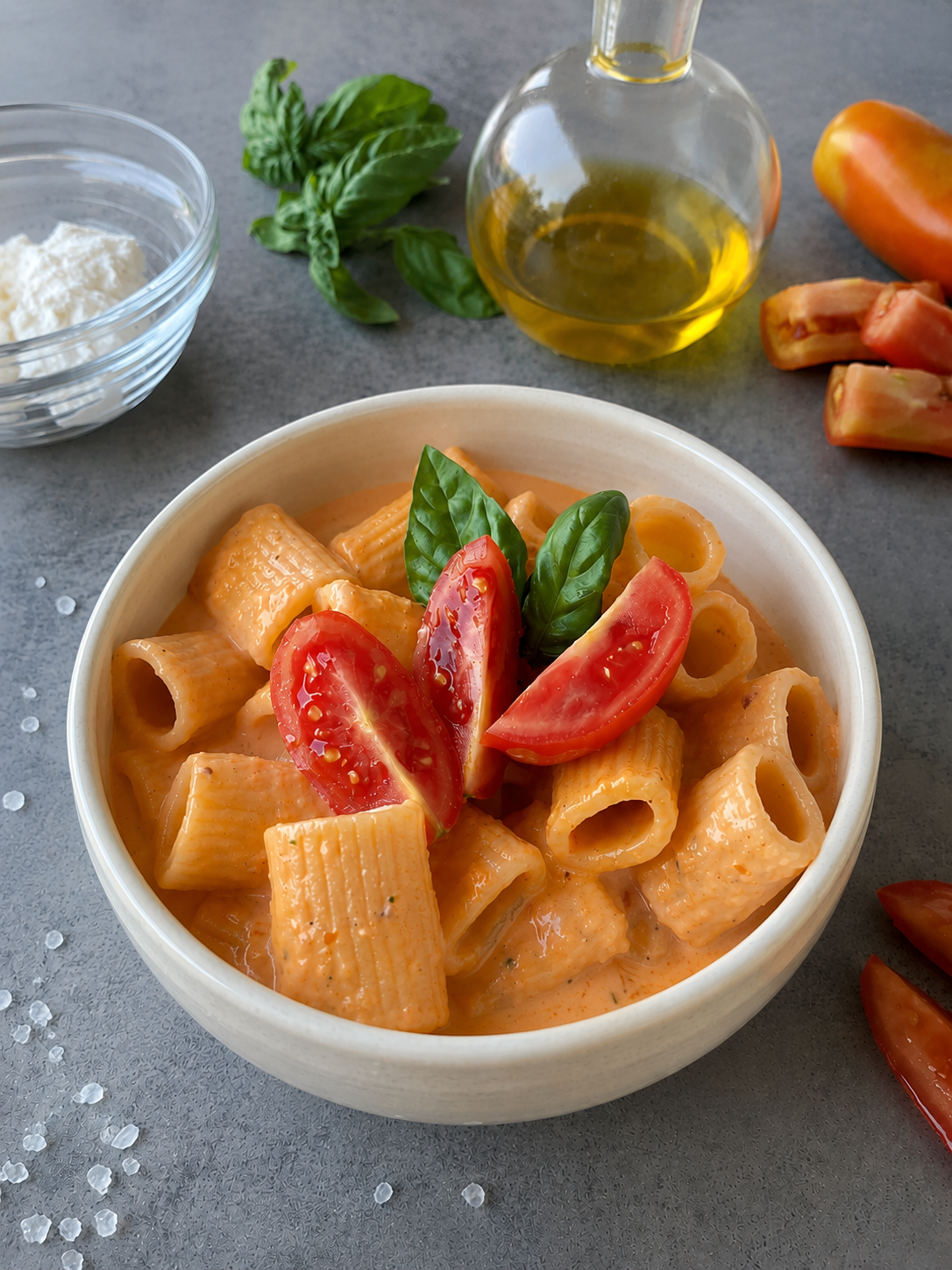 Pasta fredda con ricotta e pomodori a crudo servita in una ciotola, cremosa e fresca, preparata con pomodori frullati, ricotta e basilico