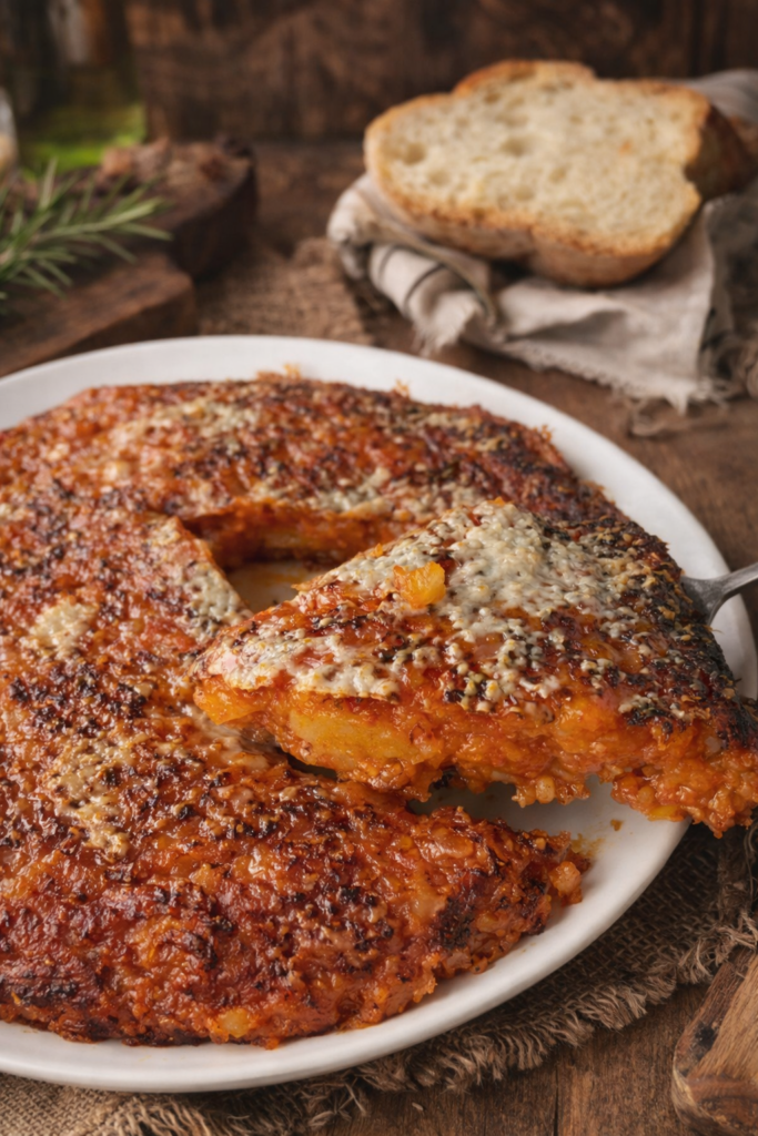 frittata di patate in padella al pomodoro con fetta servita