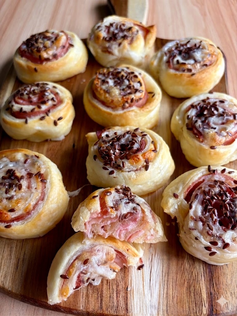 girelle di sfoglia con prosciutto e provolone pronte su tagliere