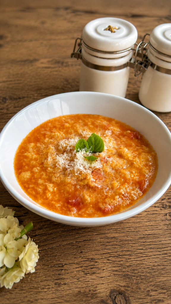 Frascarelli romani cremosi con pomodoro fresco e parmigiano serviti in ciotola