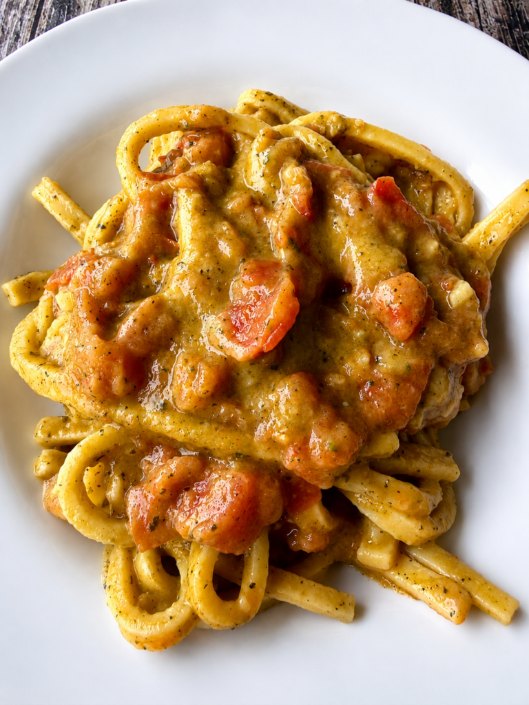 Pasta cremosa con crema di zucchine e pomodorini freschi
