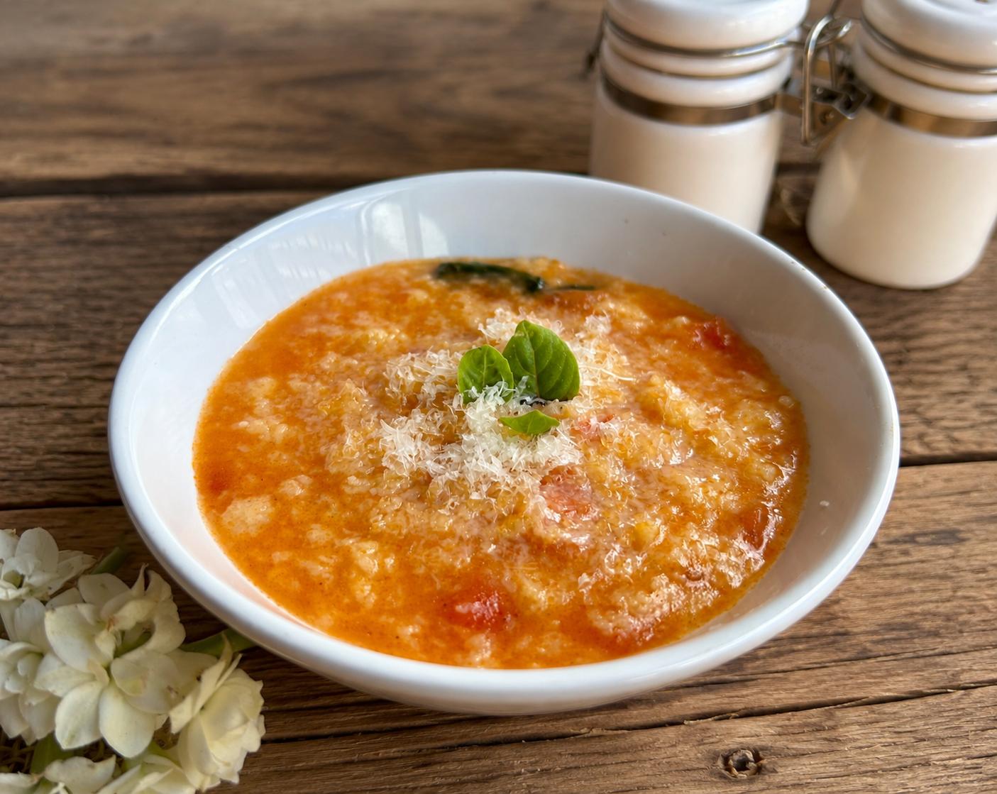 Piatto di frascarelli romani con pomodoro e parmigiano preparati secondo la ricetta tradizionale