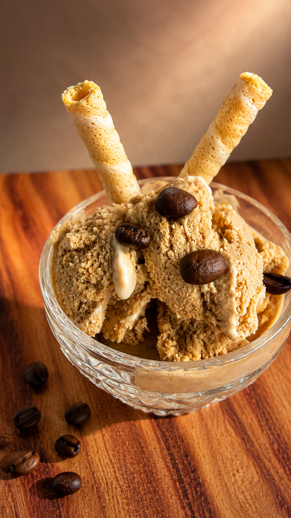 Coppa di gelato al caffè cremoso senza gelatiera decorato con chicchi di caffè e cialde