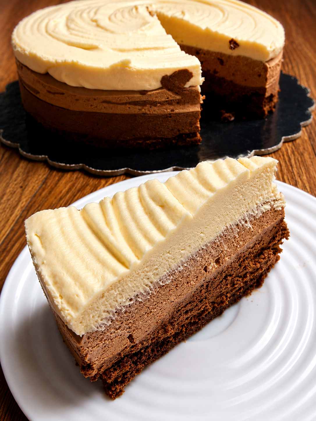 Fetta di torta ai tre cioccolati cremosa con strati di mousse fondente, al latte e bianca