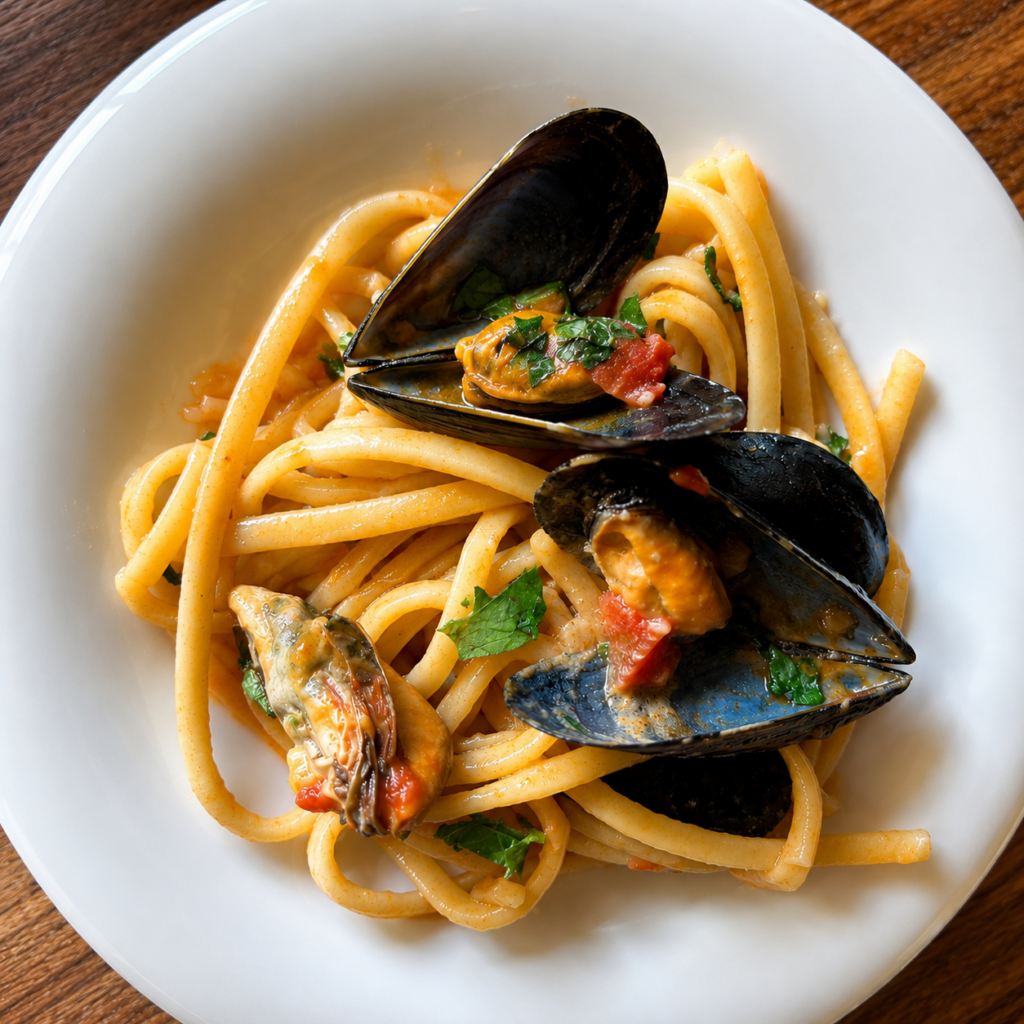 Pasta con le cozze e pomodori freschi servita nel piatto.