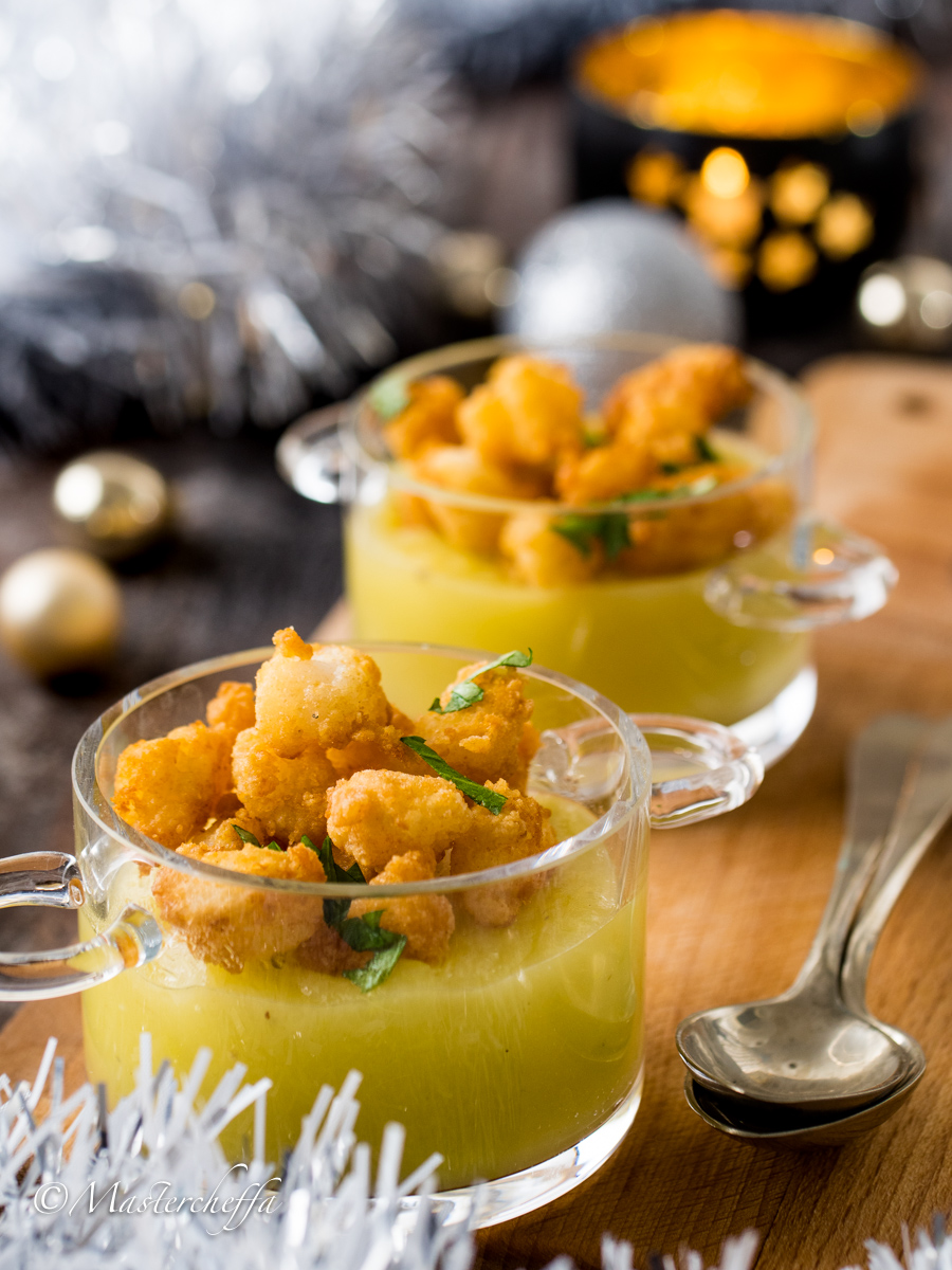 pepite di baccalà su crema di porri e patate