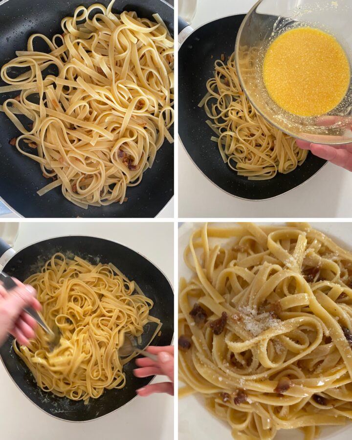 Pasta alla carbonara passo passo 4: condimento della pasta
