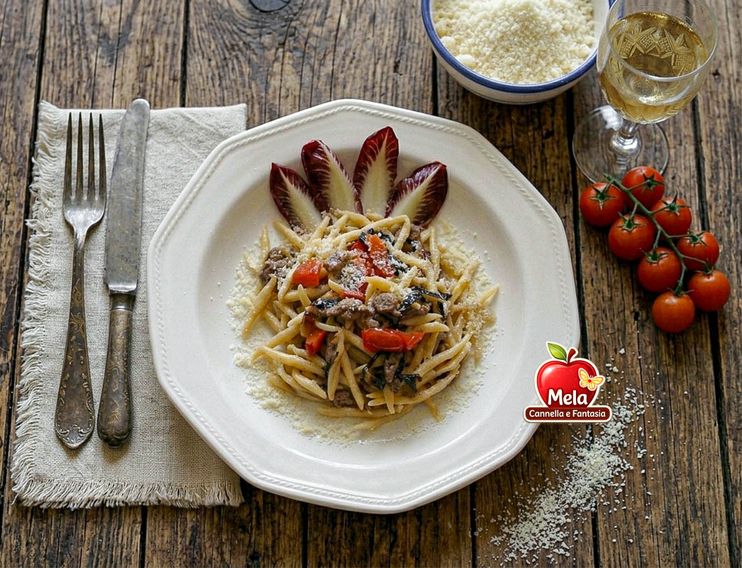 trofie con radicchio salsiccia e pomodorini