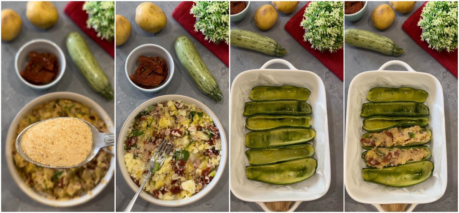 Zucchine ripiene con tonno e patate gratinate al forno