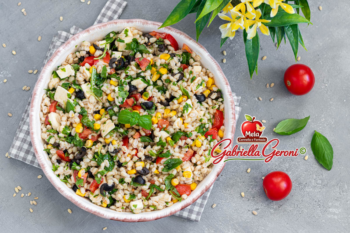 insalata di orzo perlato con mozzarella e olive