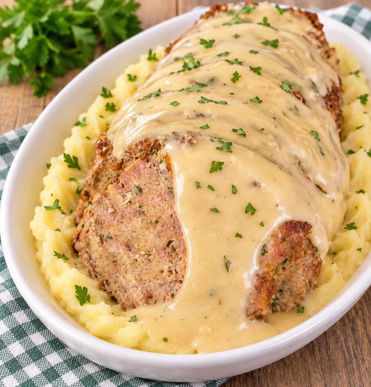 Polpettone al vapore con Monsieur Cuisine servito a fette con salsa cremosa e purè di patate