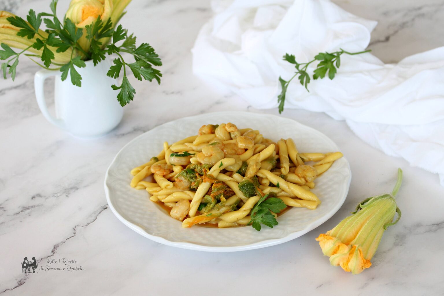 Pasta gamberetti e fiori di zucca Mille 1 Ricette