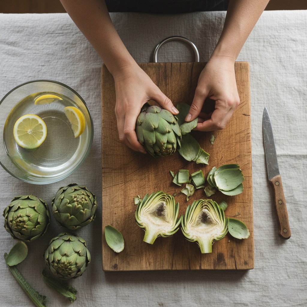 Primo piano di mani che sfogliano un carciofo intero su un tagliere di legno con acqua acidulata e limone