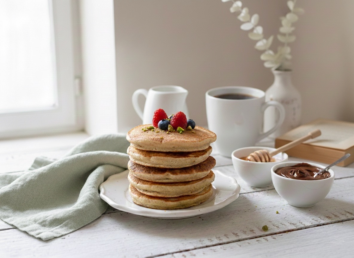 piatto di pancake proteici soffici guarniti con frutti di bosco, miele e crema al cioccolato proteica