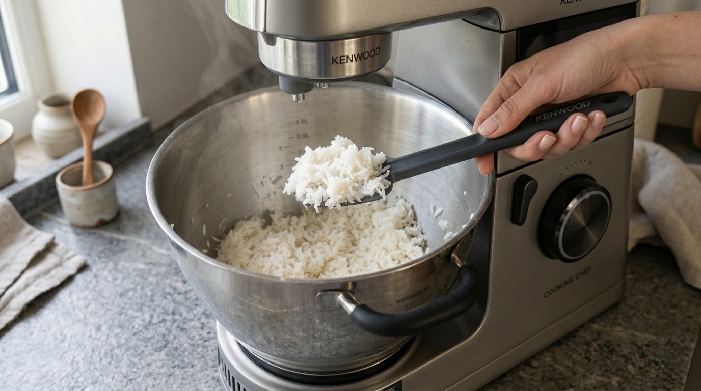 Chicchi di riso basmati cotti alla perfezione sgranati nella ciotola d'acciaio della planetaria