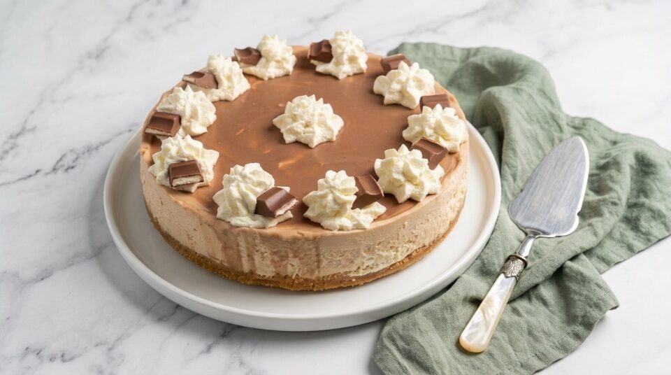Cheesecake Kinder senza gelatina decorata con ganache al cioccolato, ciuffi di panna e barrette Kinder su un piatto da portata bianco.