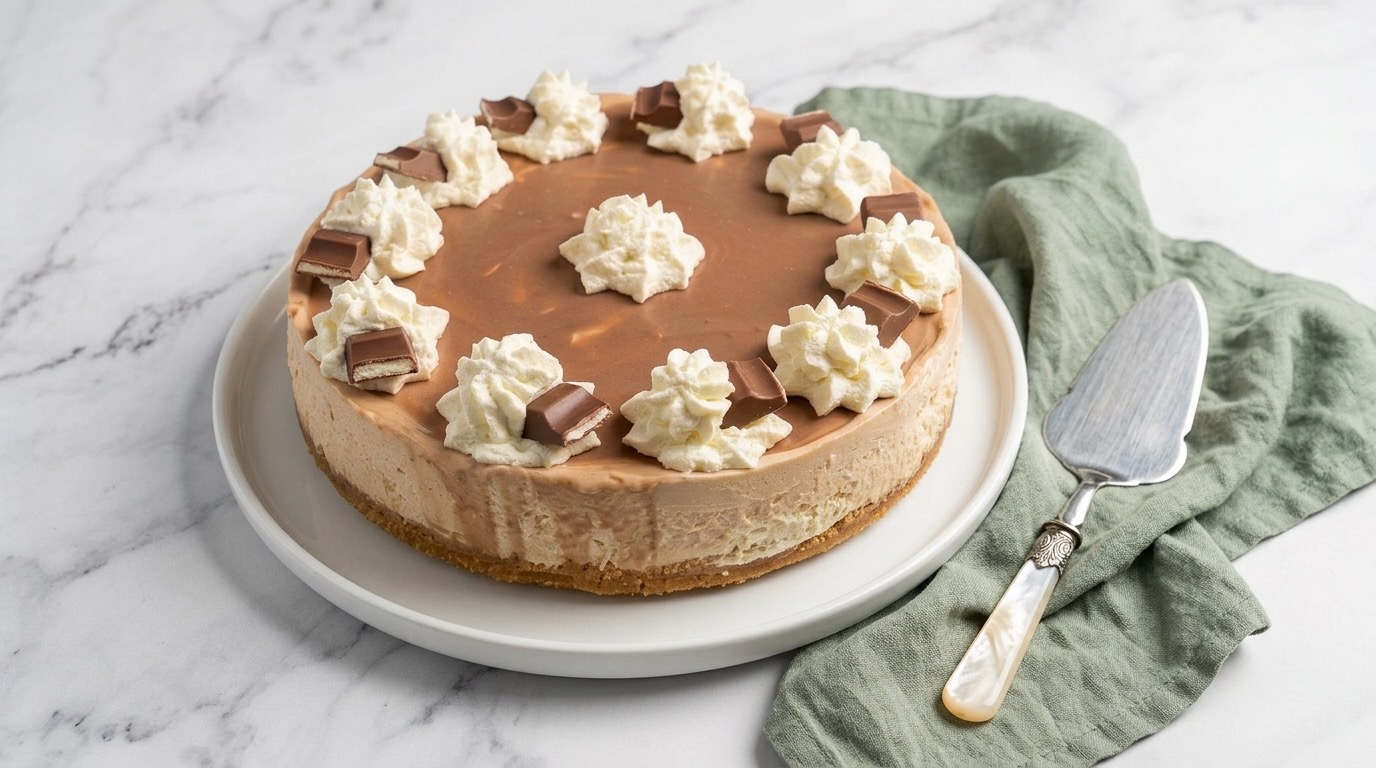 Cheesecake Kinder senza gelatina decorata con ganache al cioccolato, ciuffi di panna e barrette Kinder su un piatto da portata bianco.