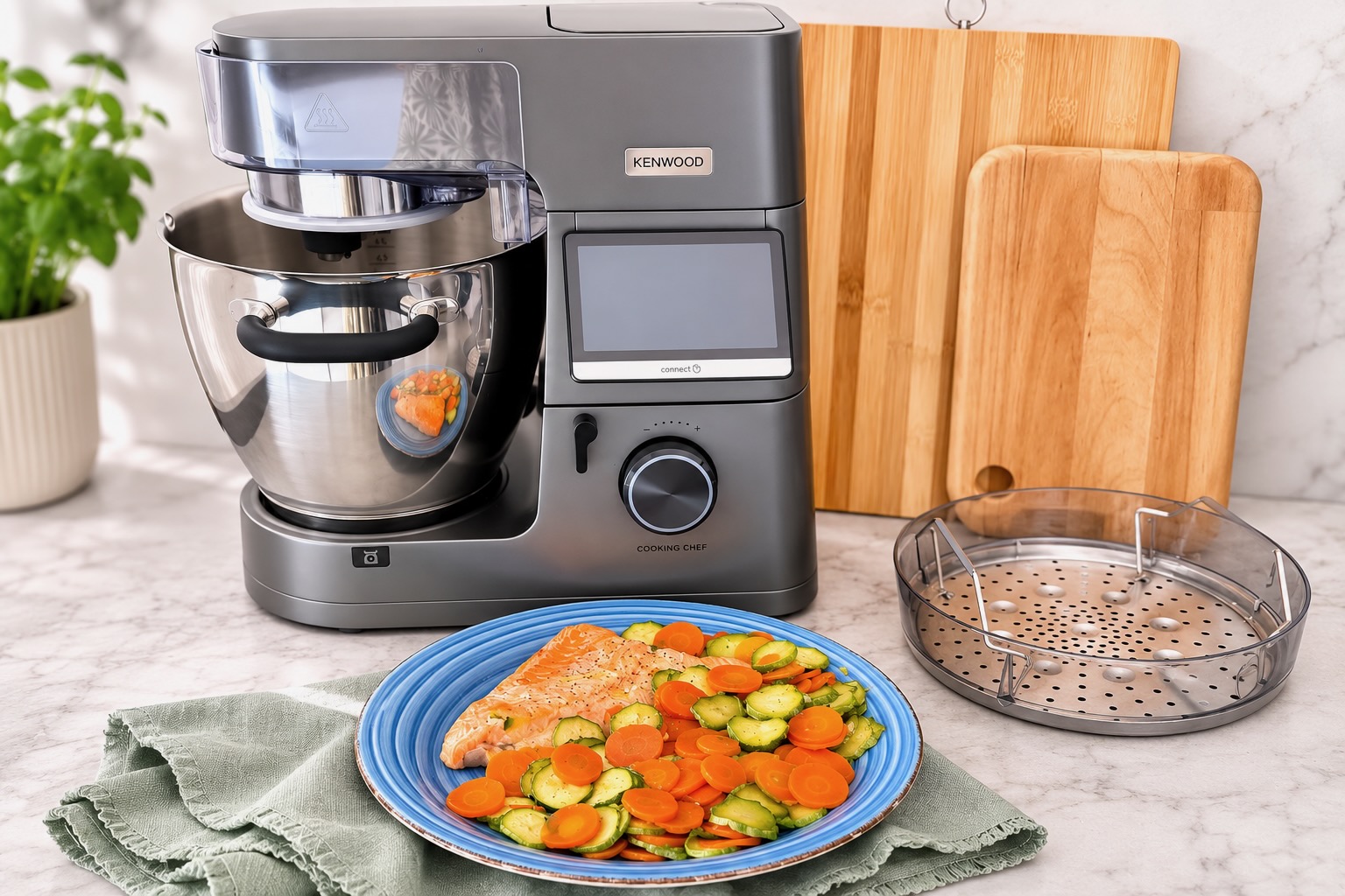 salmone con carote e zucchine al vapore con il cooking chef Kenwood