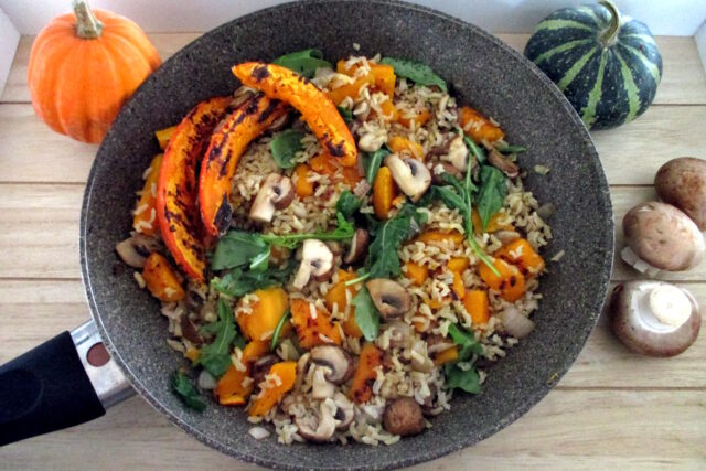 Riso zucca e funghi con rucola, Mangia senza Pancia