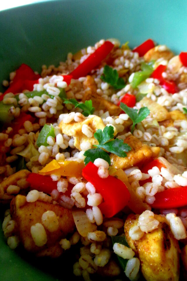Inquadratura ravvicinata e verticale di un piatto unico di orzo perlato condito con straccetti di pollo speziati, peperoni rossi e foglioline di prezzemolo fresco.